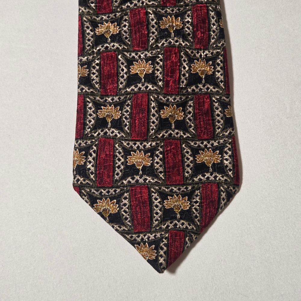 Ermenegildo Zegna Silk Tie Vintage Red Gold Geometric Floral Made in Italy